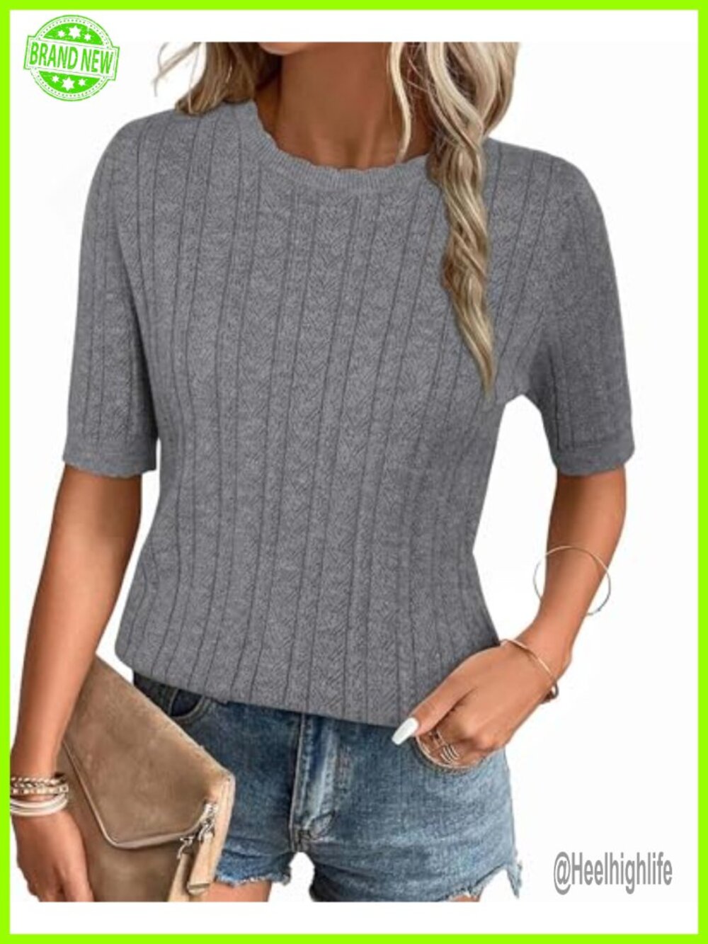 Scalloped Short Sleeve Textured Knit Top Lace Cuffs Crewneck Blouse